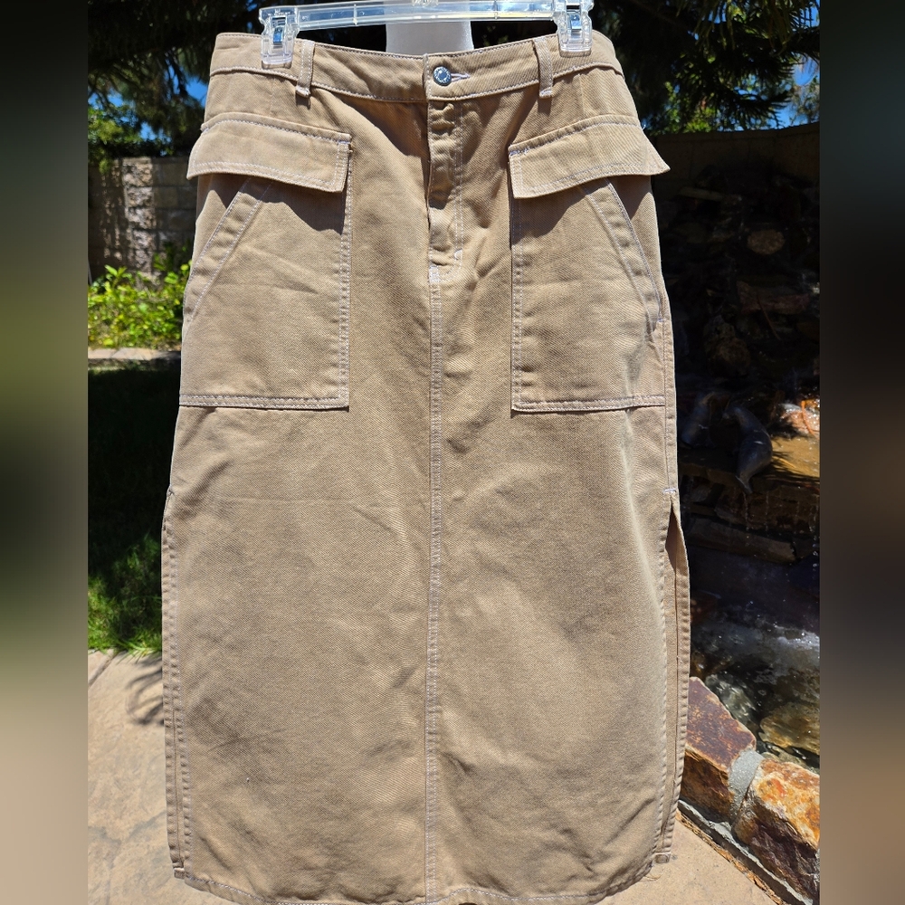 Topshop Tan Denim Skirt with Stitch Detail And Side Slits